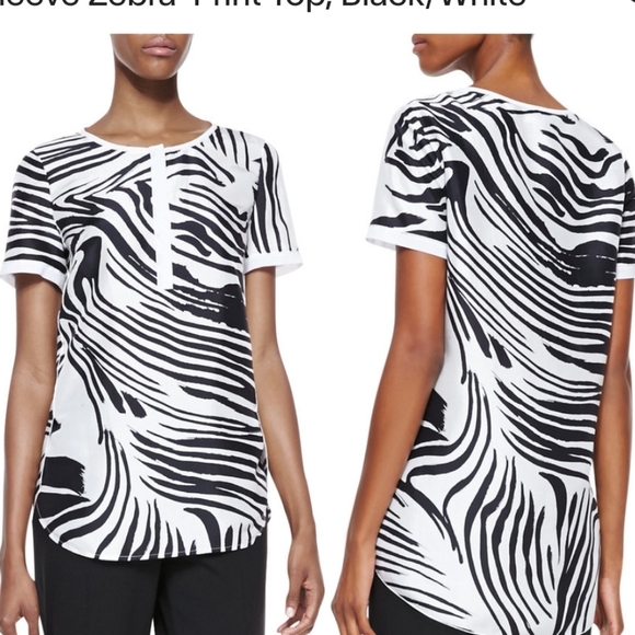 LAFAYETTE 148 Newyork 100% silk Shari ShortSleeve Zebra-Print Top Black/White. M - Picture 2 of 16